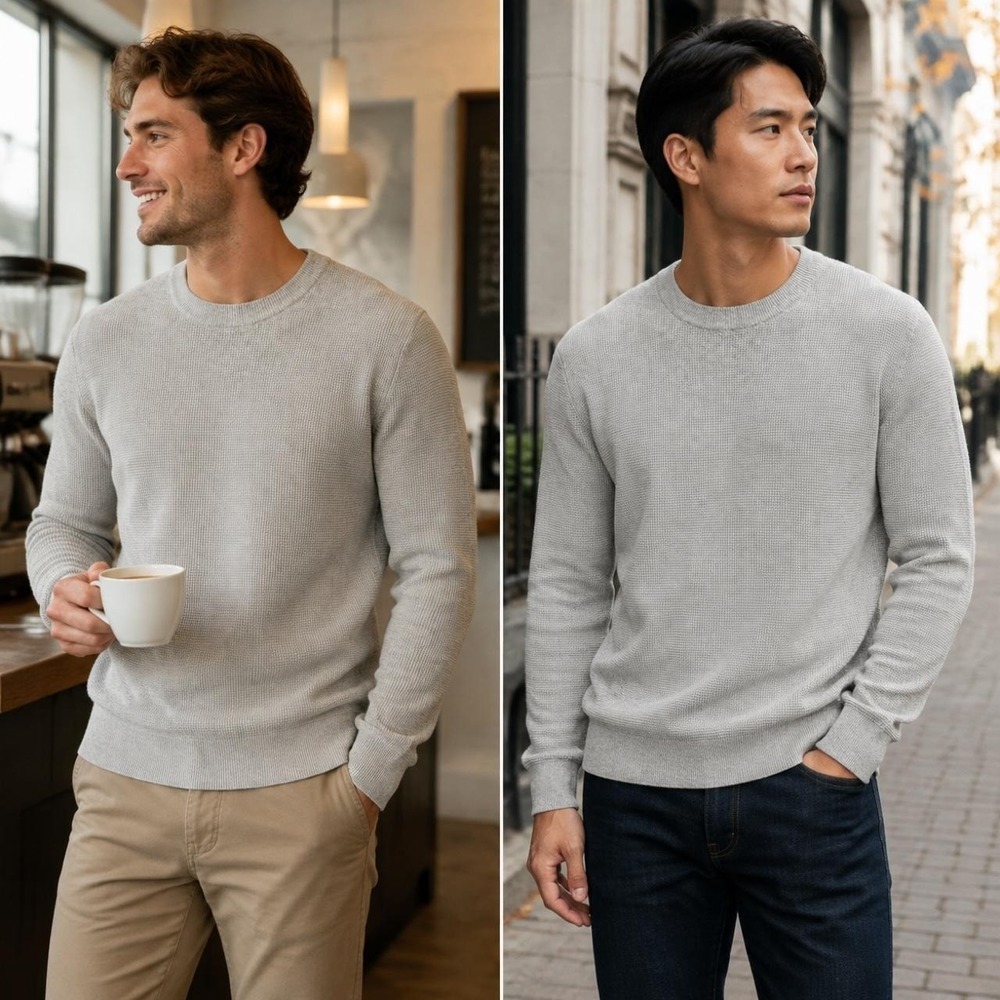 Zara Men's T-Shirt M Gray Waffle Knit Long Sleeve Cotton Crewneck Ribbed Norm